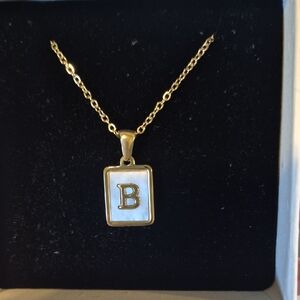 Gold Initial 'B' Pendant Necklace with Mother-of-Pearl Inlay